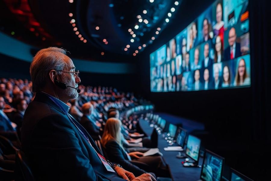 Conference hall with large video wall displaying grid of virtual attendees