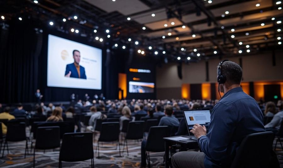 Presenter on stage with attendee viewing session on laptop for hybrid broadcast