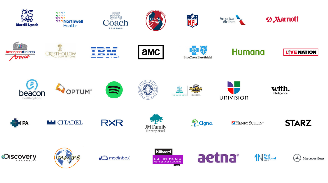 Collage of client and partner logos across corporate, healthcare, education, hospitality, and association sectors